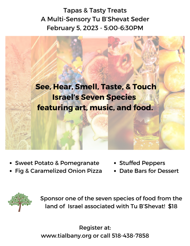 Banner Image for A Multi-Sensory Tu B’Shevat Seder: See, Hear, Smell, Taste, & Touch Israel’s Seven Species featuring art, music, and food.